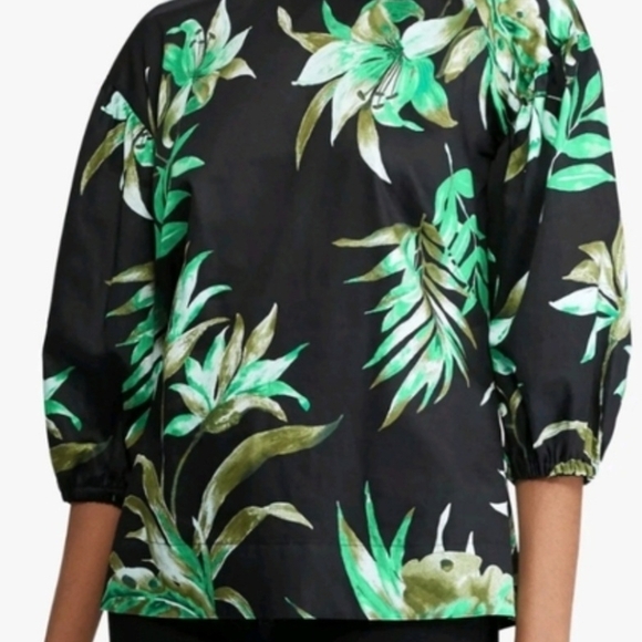 Lauren Ralph Lauren Black Top with Green Tropical Leaf Print - Picture 1 of 7